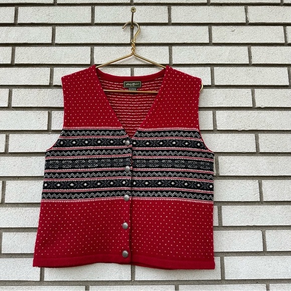Vintage Eddie Bauer Women's Nordic Fair Isle Sweater Vest Lambswool Red Gray - Picture 1 of 10